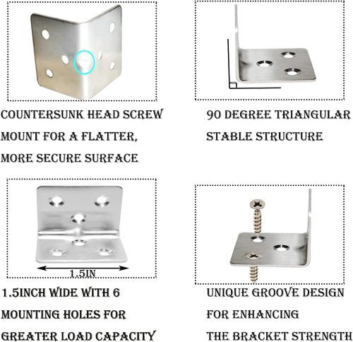Skiennix 80Pcs Stainless Steel Angle Brackets - Heavy Duty 90° L Shape Corner Braces | 1.2” x 1.2” x 1.5”