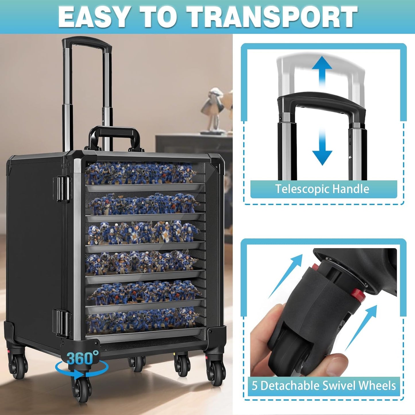 Skiennix Miniatures Storage Case - Aluminum Alloy Frame with Lock & Trolley | Large Size Display