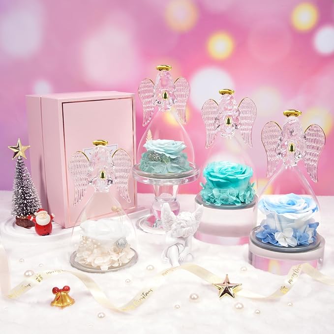 Sunia Preserved Flower Rose Gift for Women - Mother's Day Birthday Gifts for Mom Wife Grandma, Glass Angel Figurines Forever Real Roses Gifts for Her Valentine Day Thanksgiving﻿ (White Blue)