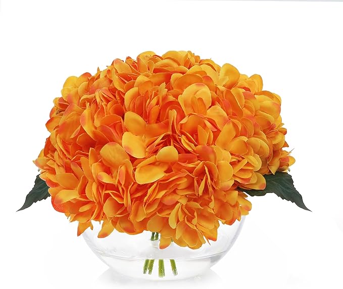 Hydrangea Artificial Flowers in Vase Orange Silk Flowers Arrangements with Glass Vase with Faux Water for Table Centerpiece Shelf Home Decor