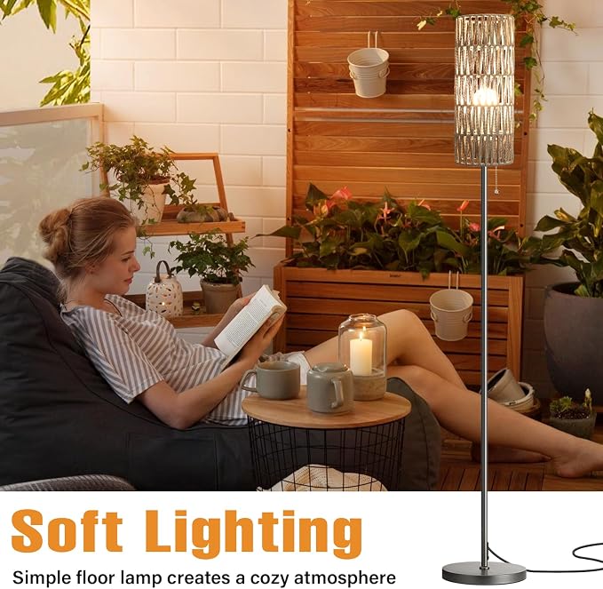 Ambimall 64'' Floor Lamp for Living Room with 3 Color Temperatures Bulb, Boho Grey Standing Lamp with Grey Rattan Shade