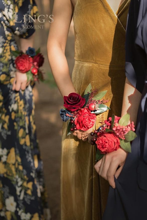 Ling's moment 2pcs Prom Wrist Corsage Artificial Flowers, Girl/Mother Corsages Wristlet Décor for Homecoming/Wedding/Anniversary, etc. Burgundy Navy