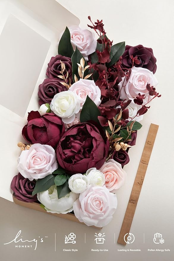 Ling's moment Fake Flowers Box, Faux Artificial Greenery Stems Foam Roses Silk Peonies Ranunculus Fabic Flower for Centerpieces Bouquet Wedding Vase Decorations, Berry Pink & Blush, Deluxe Combo