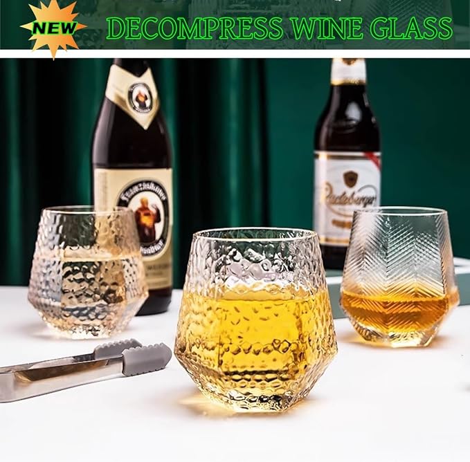Wine Glasses Set Of 4,Stemless Wine Glasses 10 Oz Stress Relief Tumblers Dishwasher Safe, Spill-Proof Design For Red Wine, Cocktail, Whiskey, Bourbon, Gift for wine lovers (4pcs Stripe)