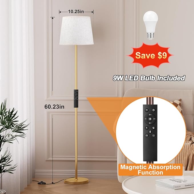 Raexpectis 【Upgraded Floor Lamps for Living Room, Modern Floor Lamp with Remote Control, Dimmable Colors Temperature Standing Lamp Foot Switch, 9W Bulb Tall Lamps for Bedroom Office Kid Room - Gold