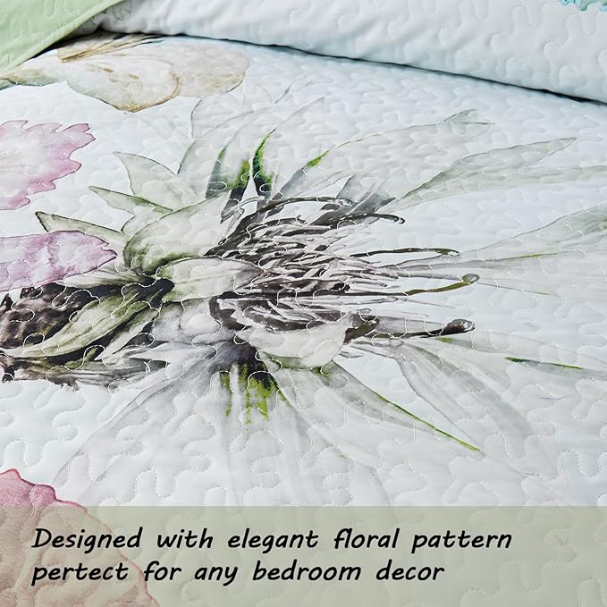 Yogeneg Full Queen Size Quilt Set, Elegant Floral Botanical Pattern Green Bedding Set,3 Piece Lightweight Soft Summer Bedspread Coverlet with 2 PIillow Sham for All Season(Green Floral,90"x96")