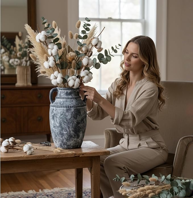 Farmhouse Rustic Ceramic Vase with Handles, 11 inch Gray-White Textured Modern Terracotta Vintage Vases for Home Decor Centerpieces Table Pottery Barn Furniture Decorative (Tall - C)