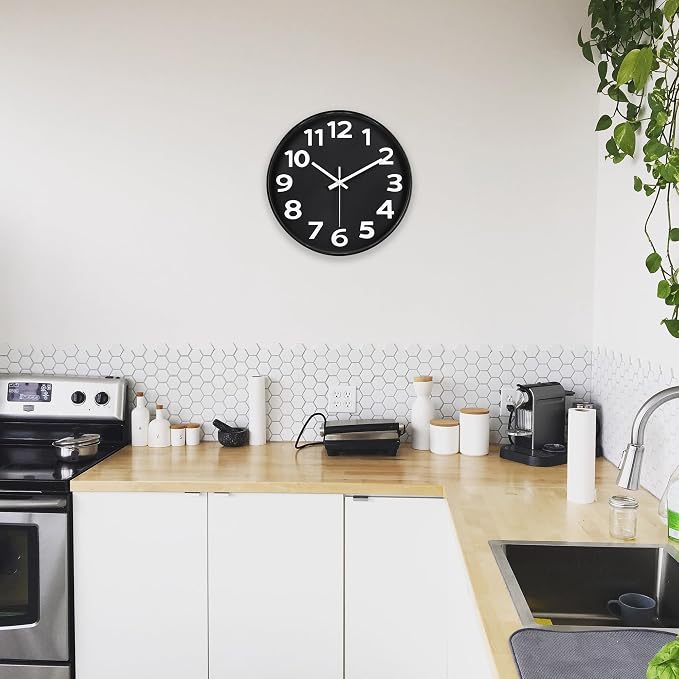 45MinST 12 Inch 3D Number Dial Face Modern Indoor Outdoor Clock, Silent Non-Ticking Round Home Decor Wall Clock with Arabic Numerals (Black)
