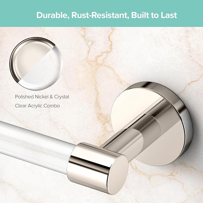 Gatco 5721 Clarion 18" Bathroom Towel Bar, Polished Nickel, Wall-Mounted Towel Rack, Crystal-Clear Acrylic Modern Bathroom Accessory