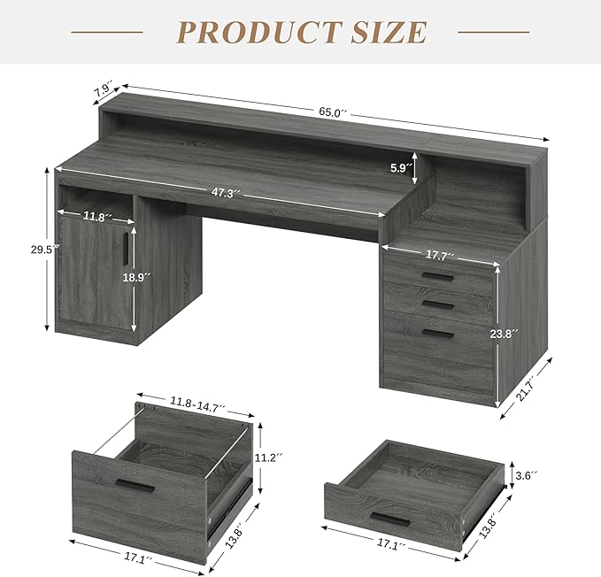 Executive Computer Desk with 3 Drawers & Storage Shelves, 65 Inch Home Office Desk with File Drawer & Cabinet, Writing Study Desks with Monitor Stand & Printer Shelf, Dark Grey