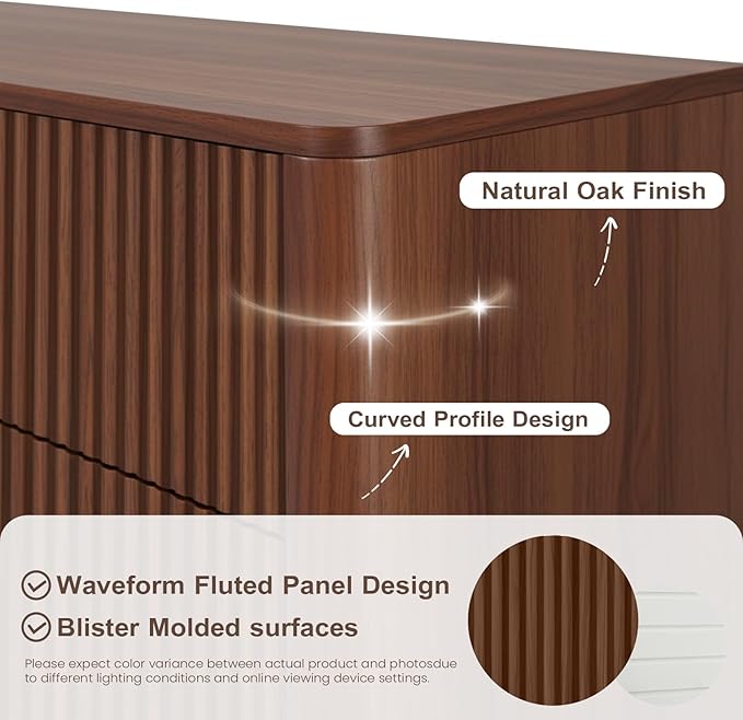 Fluted 6 Drawers Dresser for Bedroom,52" Wide Handleless Chest of Drawers with Faux Marble Top, Wooden Dresser TV Stand, Wood Drawer Organizer for Living Room, Hallway, Walnut