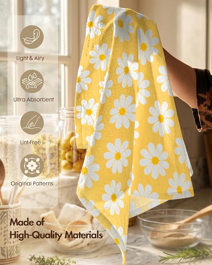 Miss Adola 2 Pack Flour Sack Kitchen Towels - 16x26 Inch Cotton Dish Towels with Hanging Loop Reusable Geometric Modern Retro Tea Towel Absorbent Dishcloths Home Decor, Yellow Daisy