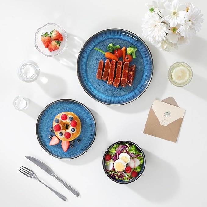 vancasso PLAYA Plates and Bowls Sets, 18 Pieces Blue Dinnerware Sets for Kitchen, Reactive Glaze Dishes Set for 6, Dishwasher and Microwave Safe