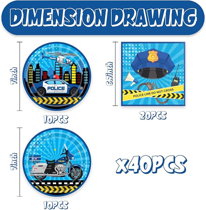40Pcs Police Birthday Party Decorations Blue Disposable Birthday Plates and Napkins Set Supplies for Police Party Favors Police Party Decorations