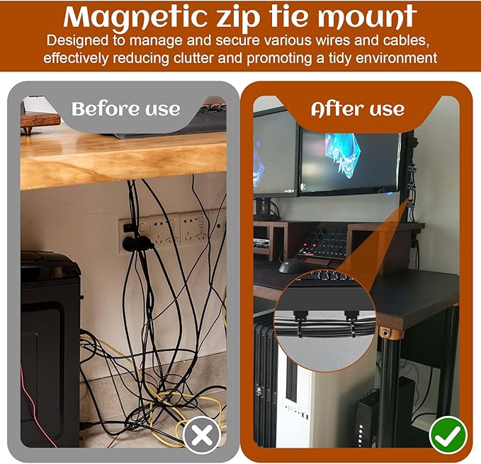 20 Pack Magnetic Zip Tie Mount Heavy Duty Magnetic Cable Zip Tie Base, Tie Mounts, Magnetism Wire Clamps, Magnet Zip Ties Holders, Zip Tie Organizer Magnet Wire Management Clips