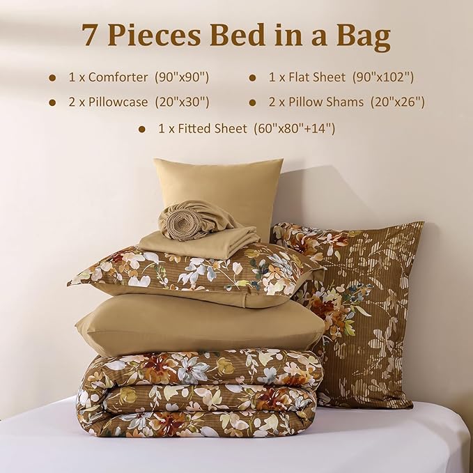 Dobuyly Fall Queen Comforter Set, 7 Pieces Brown Floral Comforter Set, Bed in a Bag Queen with Botanical Flowers Pattern, Farmhouse Queen Size Bedding Set with Sheets, Pillowcases & Shams