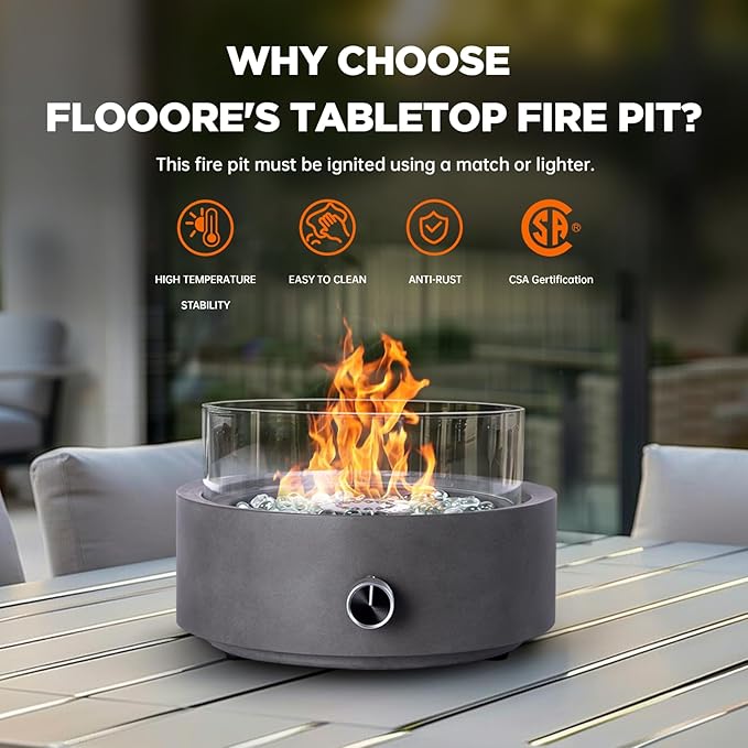 Propane Table Top Fire Pit for Outside Patio,14-inch Tabletop Fireplace Bottom-Mounted for Table with Umbrella Hole- Grey