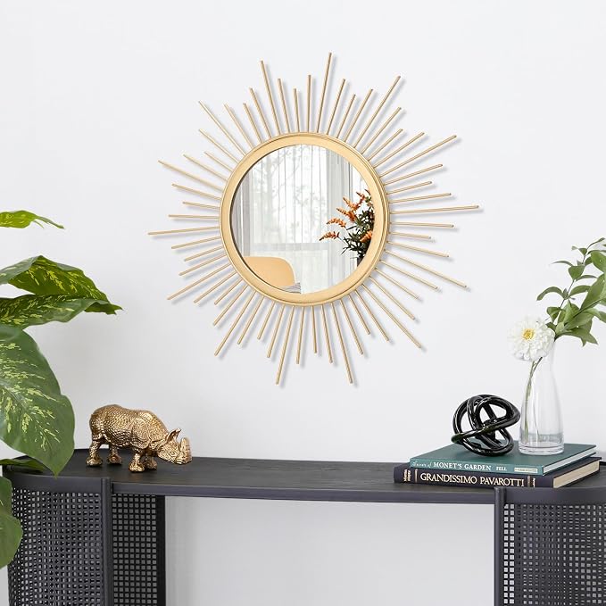 Gold Sunburst Mirrors for Wall Decorative Metal Round Art Mirrors Large Wall Decor Hanging Mirror for Bathroom Bedroom Living Room Vanity Entryway 16"
