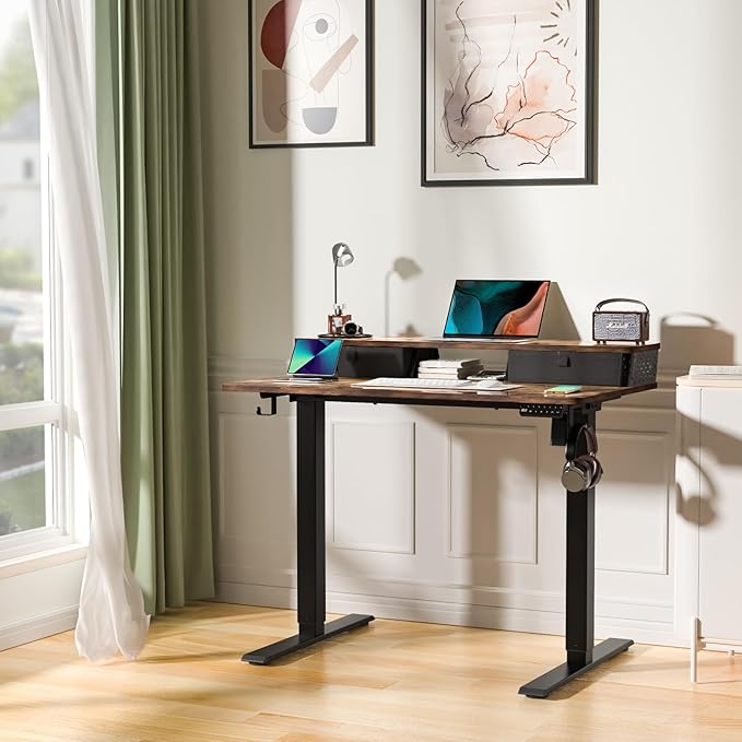 Electric Standing Desk with 2 Drawers 40''x 24'' Small Adjustable Height Sit to Stand Up Desk with Storage Shelf, C-Clamp Mount Compatible Home Office Desks Computer Gaming Table Ergonomic Workstation