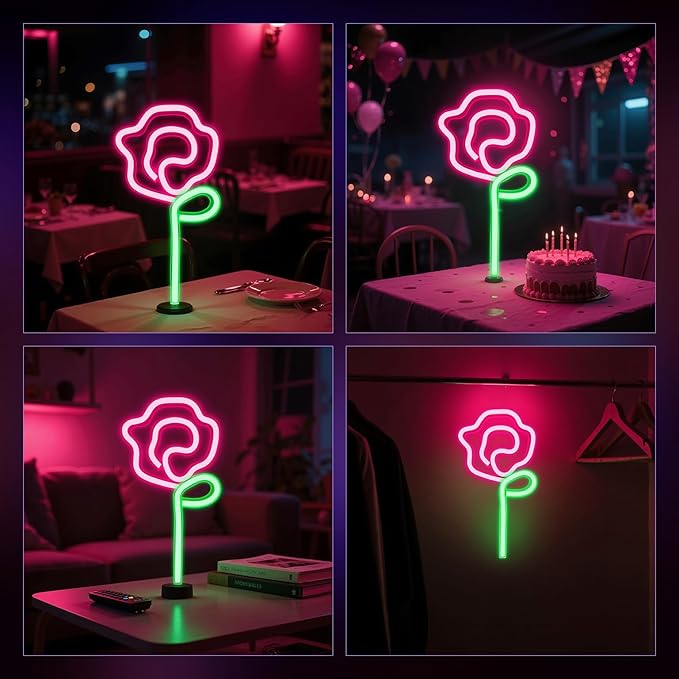 Rose Neon Sign - Red rose Flower with Green Stem Neon Art Wall Decor USB or 3-AA Battery Powered Operated for Girls Bedroom Birthday Gift Party Wedding Rose Lights for Bedroom (Pink)