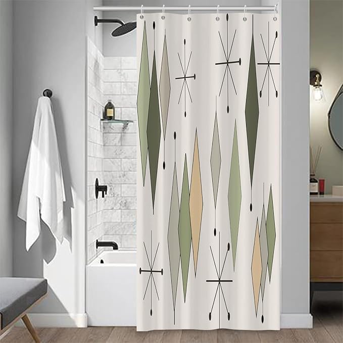 Boho Mid Century Shower Curtain Vintage Abstract Green Diamond Geometric Atomic Starburst Pattern for 1950s Retro Bathroom Decor Accessories Shower Curtain Set with 12 Hooks, 36x72 Inches