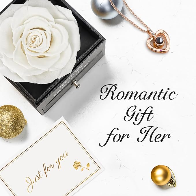 for Mom Wife Women Preserved Real Rose with I Love You Necklace in 100 Language for Her Girlfriend, White Eternal Rose Flower Gifts for Valentine's Day Birthday Anniversary