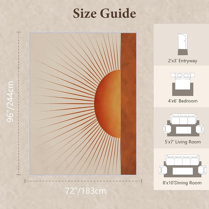 Sunburst Area Rug 6x8, Retro Sun Design Rug, Mid Century Modern Carpet for Living Room Bedroom, Soft Non Slip Washable Area Rug
