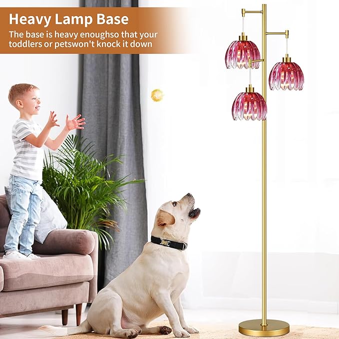 QIYIZM Pink Floor Lamp for Living Room,Bedroom,Gold Mid Century Modern Standing Lamp Brass Tree 3 Light Tall Floor Lamps Vintage Retro Floor Lights Glass Flower Lamp Shade Farmhouse Boho Bohemian