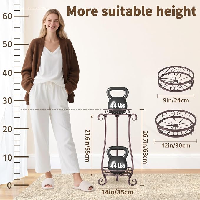 LASZOLA 2 Tier Bronze Metal Plant Stand for Multiple Large Planters Indoor Outdoor Organizer, Heavy Duty Tall Flower Stand for Corner Patio Bathroom Office, Modern Sturdy Vertical Iron Rack, Cat Proof