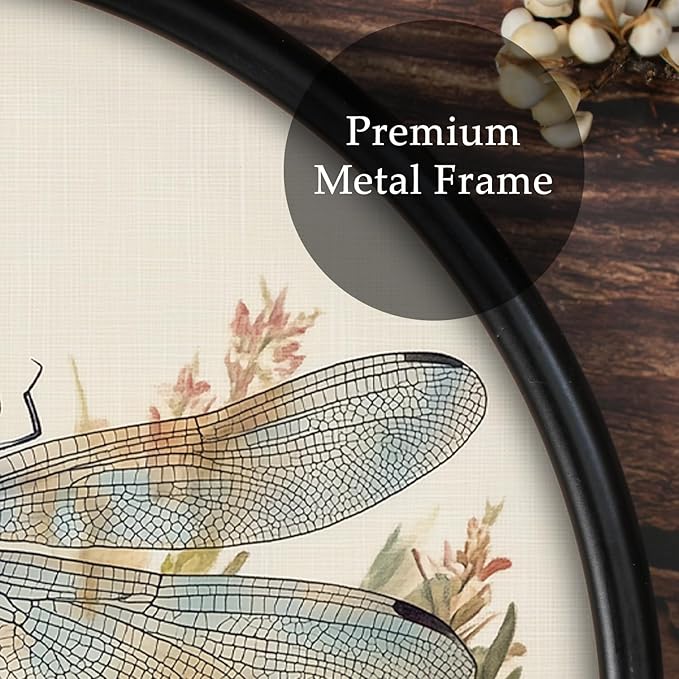 XIAOAIKA Round Vintage Wall Hanging Decor, Printed Textured Surface with Wood Back, Dragonfly Design, Black Metal Frame, Ready to Hang for Living Room Bedroom, 10 Inch