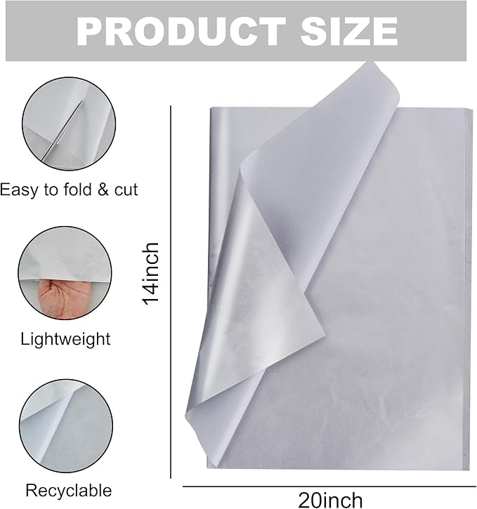 BEISHIDA 100 Sheets Silver Tissue Paper Bulk, Metallic Wrapping Tissue Paper for Gift Bags, 14 x 20 Inch Gift Wrap for Birthday Wedding Graduation DIY Crafts Holiday Flowers