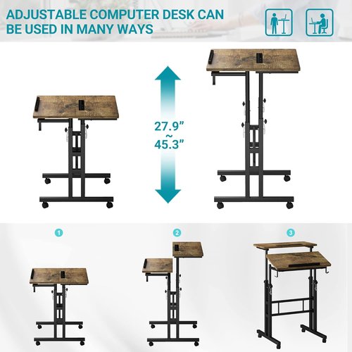 Klvied Rolling Mobile Desk - Portable Adjustable Height Stand-Up Desk on Wheels for Home Office | Oak Finish