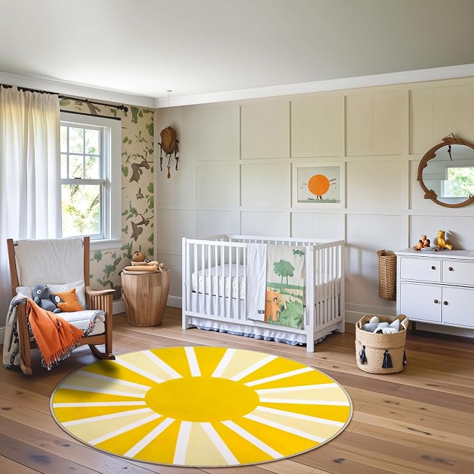 Lahome Round Area Rugs 5Ft - Washable Large Boho Round Rug for Living Room Cute Soft Nursery Rug Non-Slip Low-Pile Circle Rug, Rainbow Sun Print Round Carpet for Bedroom Dining Room (5'x5', Yellow)