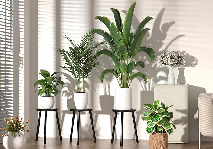 2-Pack Wood Plant Stands Indoor, 16.7" Tall Plant Stand Outdoor Mid-Century Plant Stool, Single Plant Table Modern Small Round Side/End Table for Living Room, Balcony, Office(Black)