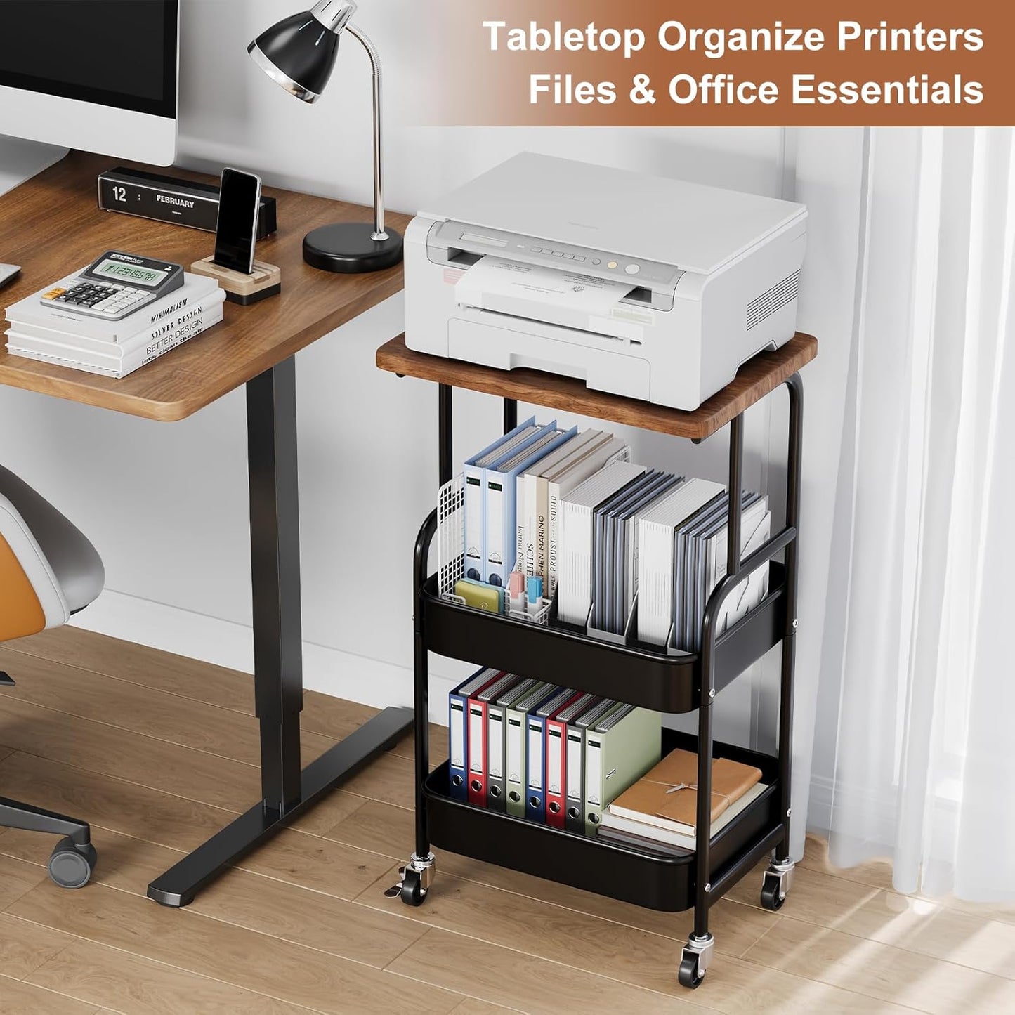 Skiennix Printer Stand - 3-Tier Rolling Cart with Wood Top & Storage Shelf | Mobile Utility for Office & Craft