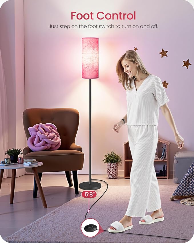 Dimmable Floor Lamps for Living Room with Remote and Foot Switch, 64.4” Modern Standing Tall Lamp, Corner Lamp for Bedroom, Bulb Included, 3000K-6500K, FCC Listed, Sakura Pink and Black CP06LD05W1