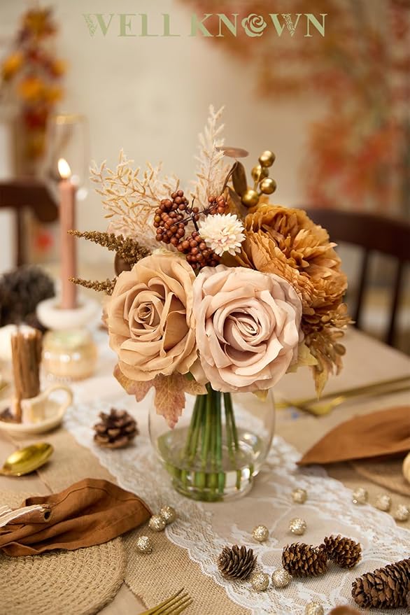 Artificial Flowers in Vase with Fake Water, Fake Terracotta Coffee Earth Tone Silk Rose Gold Berry Flowers Arrangement for Winter Home Decor Dining Table Centerpiece Wedding Christmas Party Gift
