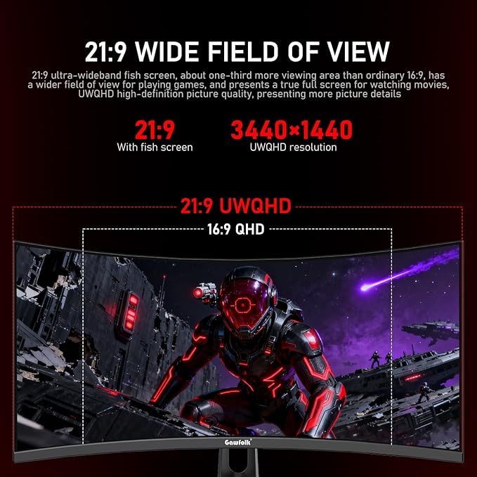 Gawfolk 34 Inch Ultrawide Curved 180Hz Gaming Computer Monitor,1500R PC Screen 21:9 UWQHD (3440x1440),120% sRGB,Adaptive Sync,178° Viewing Angle,Display Port、HDMI,Compatible with Wall mounting -Black
