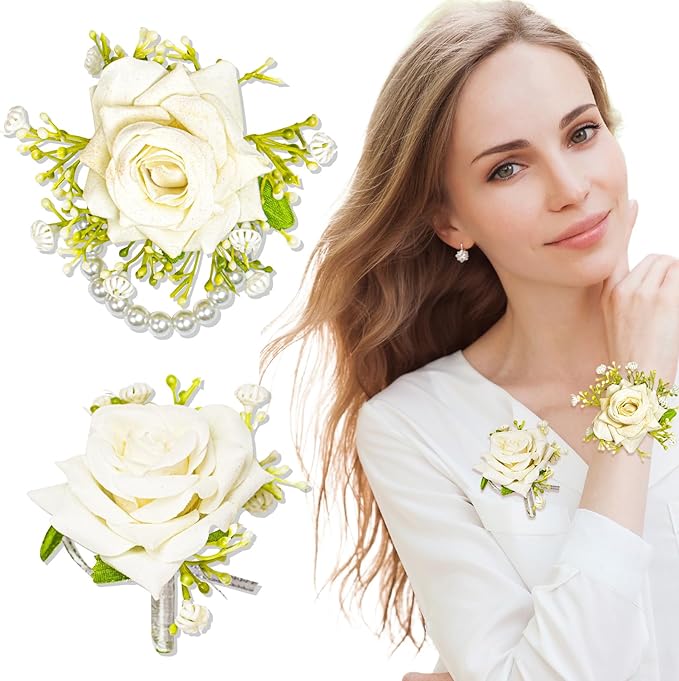 2pcs White Rose Corsage and Boutonniere Set Pearl Wristband Bracelet Artificial Corsage Brooch,Wedding Bouquet for Bride and Groom for Wedding Prom Party Corsage Wristband Flower Accessories Decor