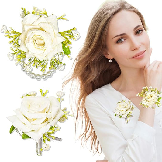 2pcs White Rose Corsage and Boutonniere Set Pearl Wristband Bracelet Artificial Corsage Brooch,Wedding Bouquet for Bride and Groom for Wedding Prom Party Corsage Wristband Flower Accessories Decor