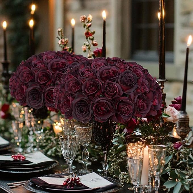 50pcs Artificial Roses Flowers in Bulk,Realistic Silk Fake Rose with Long Stem for Wedding Centerpieces Bouquet Party Floral Arrangement Home Decoration (Black&Red)