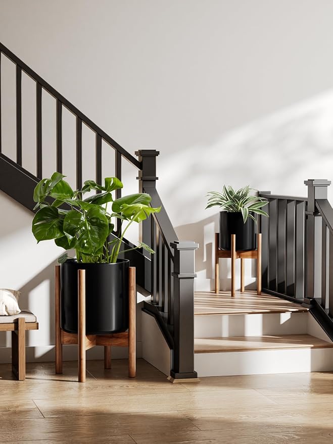 LE TAUCI 12 Inch Planter with Acacia Wood Stand, Large Ceramic Indoor Plant Pot with Drainage Hole & Plug, Mid Century Modern Plant Holder for Fiddle Leaf Fig, Monstera, Snake Plant, Black