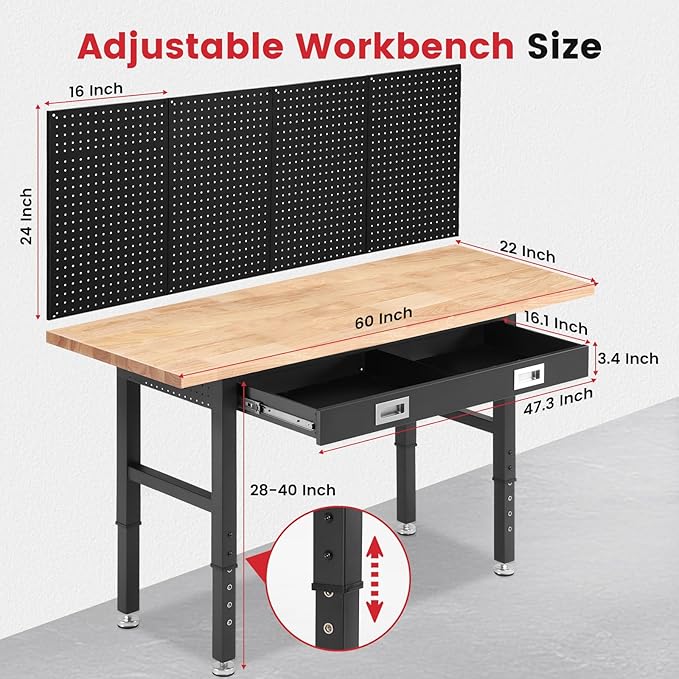 Work Bench with Drawers Adjustable Workbenches for Garage 60 Inch Rubber Wood Top Garage Workbench with Pegboard,Power Outlets for Woodworking, Home, Office, Workshop