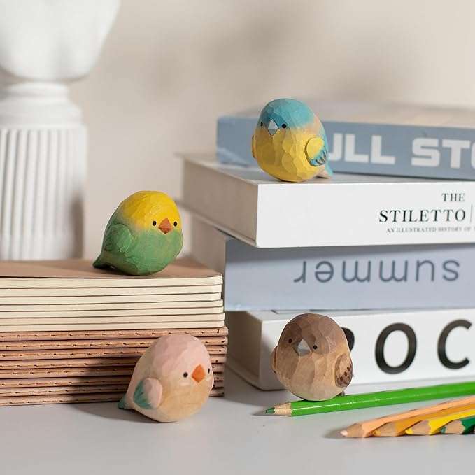 Hand-Carved Wooden Bird Figurines Set of 4 – Rustic Colorful Mini Birds Statues for Farmhouse Tabletop Décor, Cottage Chic Ornaments, Spring Decorations & Gift for Bird Lovers