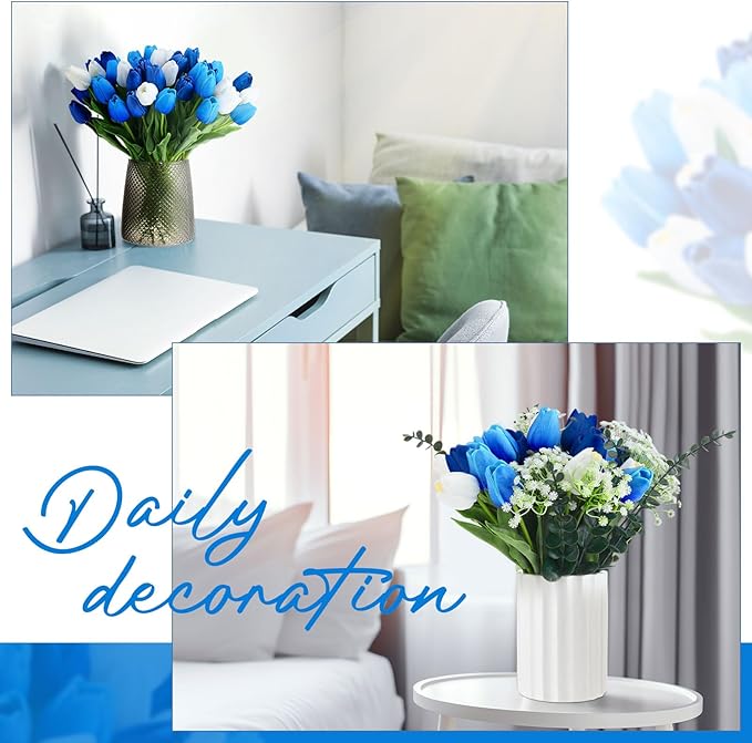 Janinka 100pcs Artificial Tulip Flowers Fake PU Tulips Faux Latex Bouquet Flower Centerpieces Arrangement Floral for Mother Day Wedding Spring Decorations (White,Light Blue,Royal Blue)