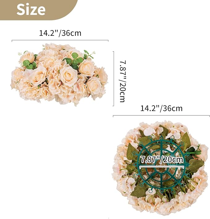 NUPTIO Flower Ball Arrangement Bouquet - 2 Pcs 14.2 inch Diameter Champagne Fake Flowers Roses Balls for Centerpieces Tables - Artificial Rose Arrangements for Wedding Centerpiece Table Decorations