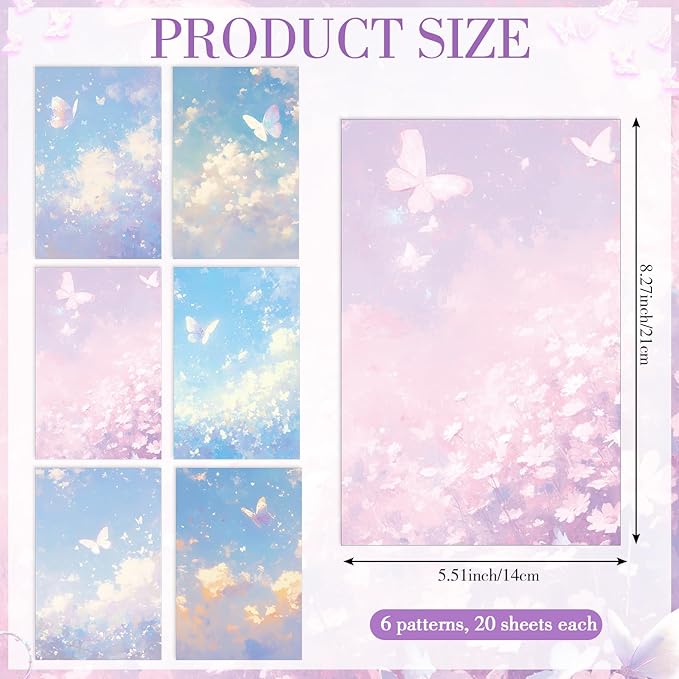 Supervitae 120 Pack Watercolor Butterfly Letter Writing Stationery Paper, 8.27 x 5.51 Inch Double Sided Decorative Letter Sheets for Writing Printing Crafts, 6 Watercolor Design (Watercolor Butterly)