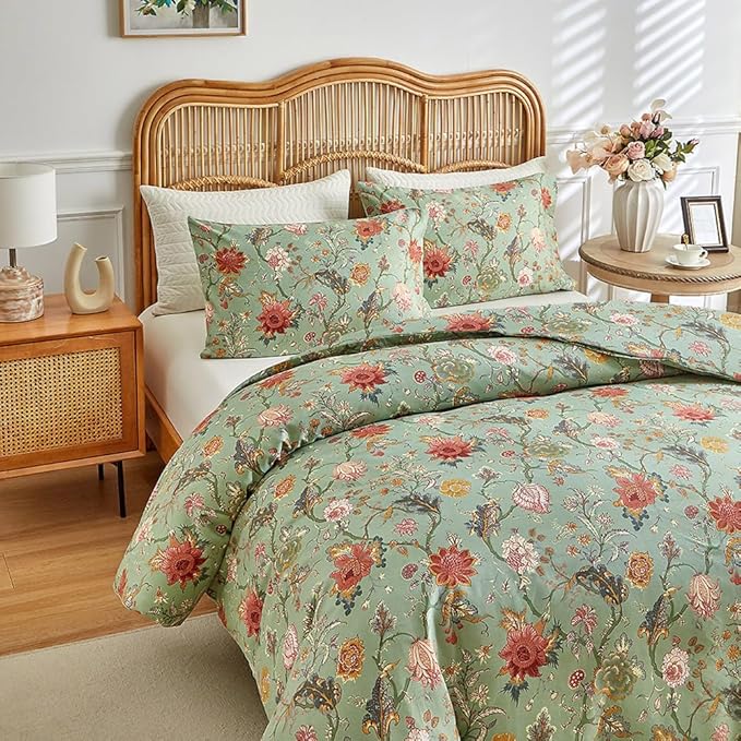 Vintage Floral Comforter Set King Farmhouse Boho Bedding Comforter Botanical Flowers Vines Pattern on Green Floral Bedding Comforter Fluffy Aesthetic King Comforter with 2 Pillowcases for All Seasons