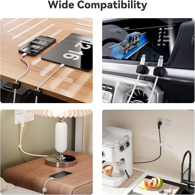 Rotatable Cord Organizer, Enhanced Spring Cable Clips, Strong Adhesive Cable Management, Desk Cord Holder for Nightstand, Office Accessories and Car (8*Black)