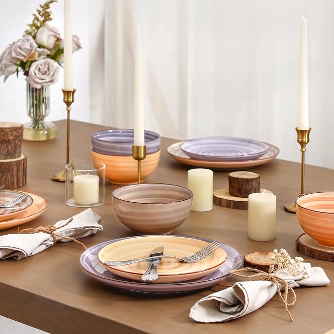 Selamica Ceramic Plates and Bowls Sets,18 Pieces Dinnerware Sets for 6,Dishwasher & Microwave Safe dish set,Family & Holiday Dining, Maillard